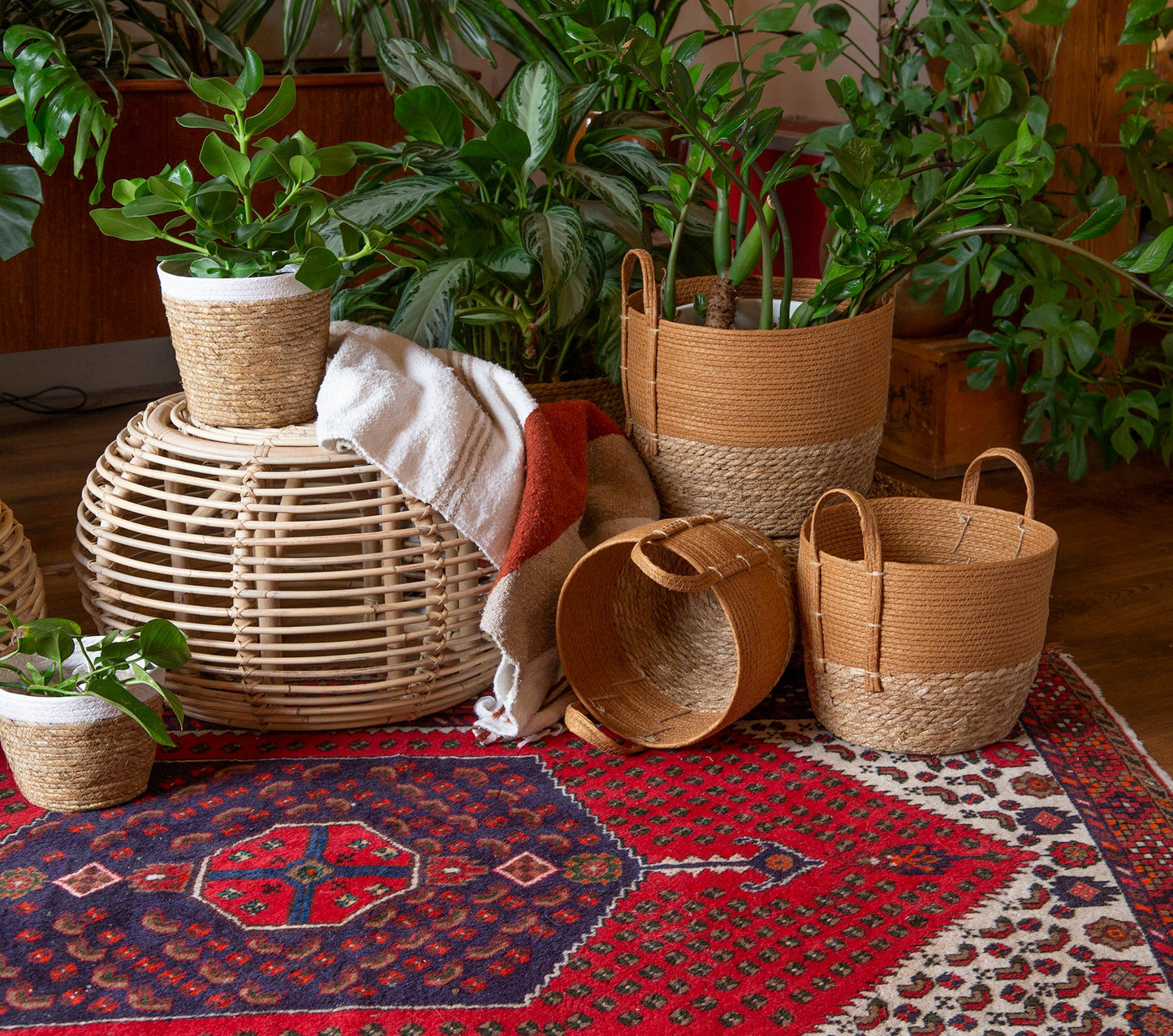 Rust/Natural Straw Basket Set of 3