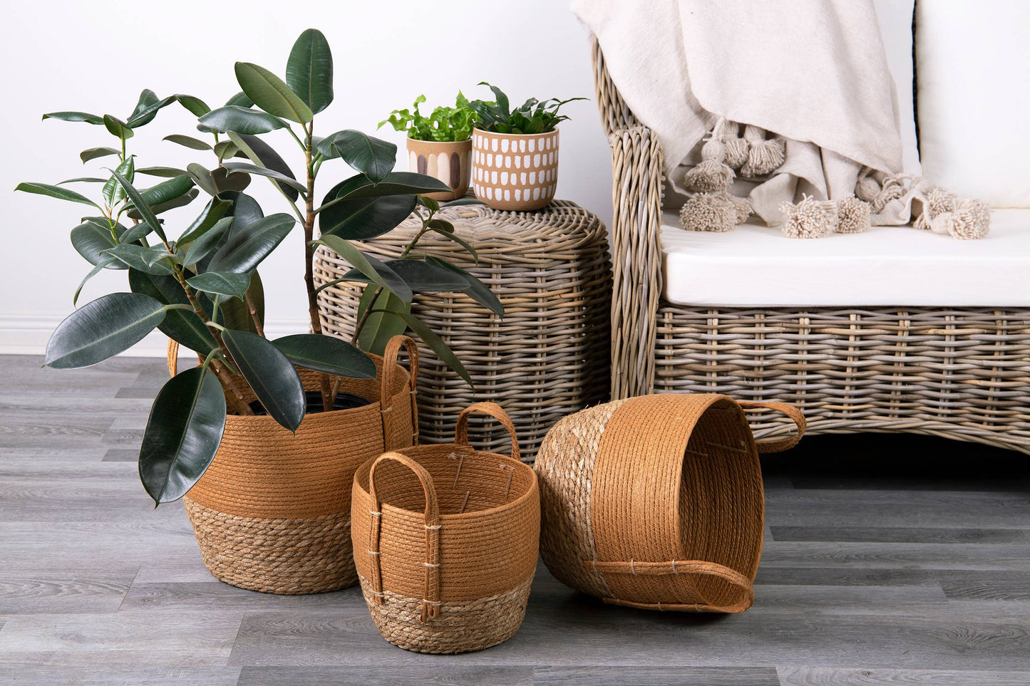 Rust/Natural Straw Basket Set of 3