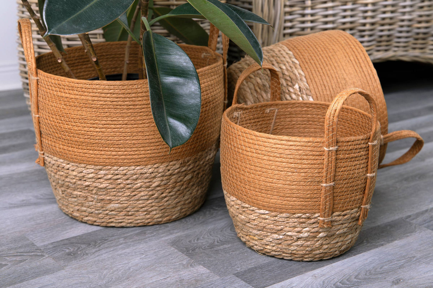 Rust/Natural Straw Basket Set of 3