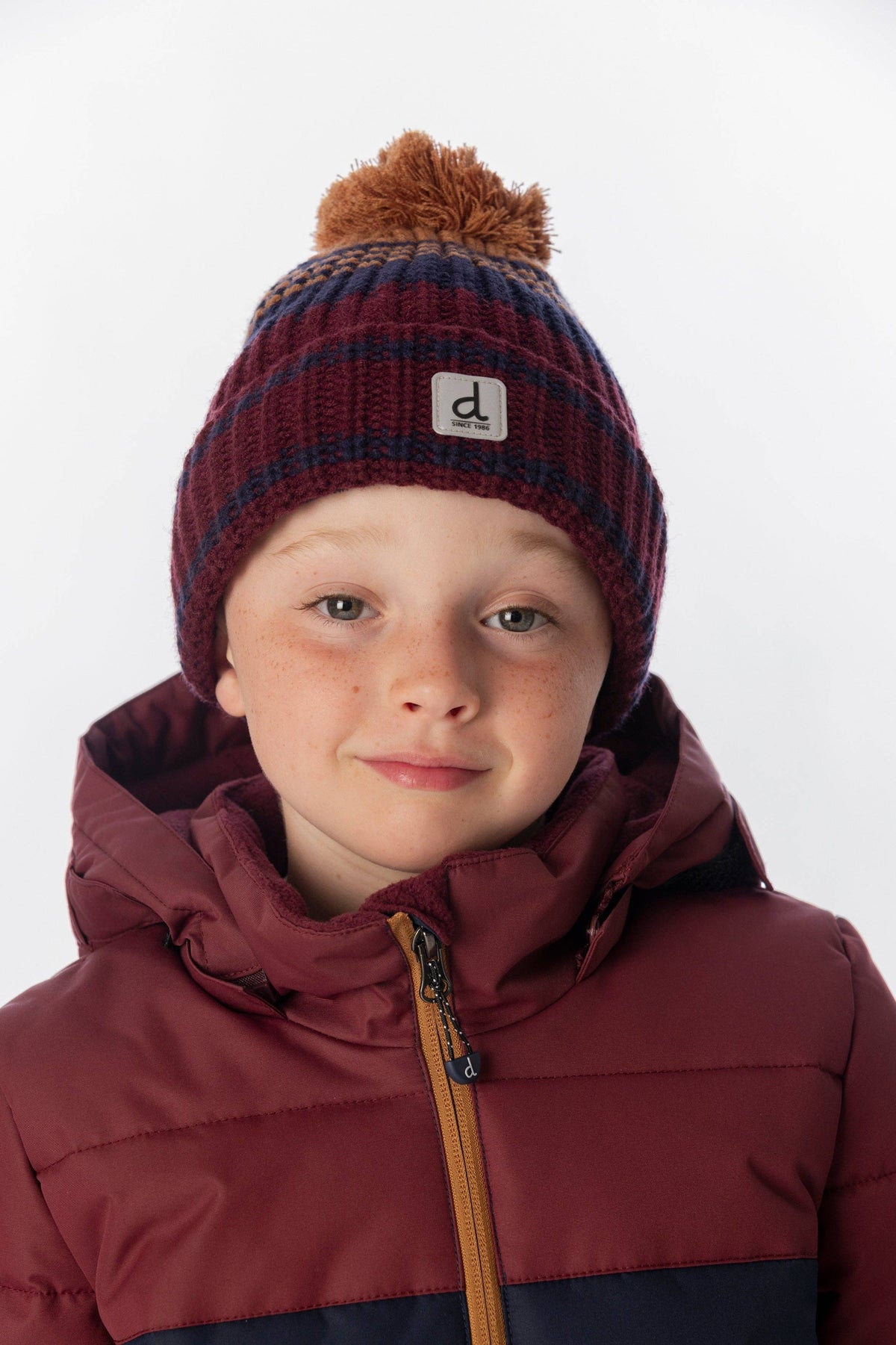 Winter Knit Hat With Pompom Burgundy And Brown